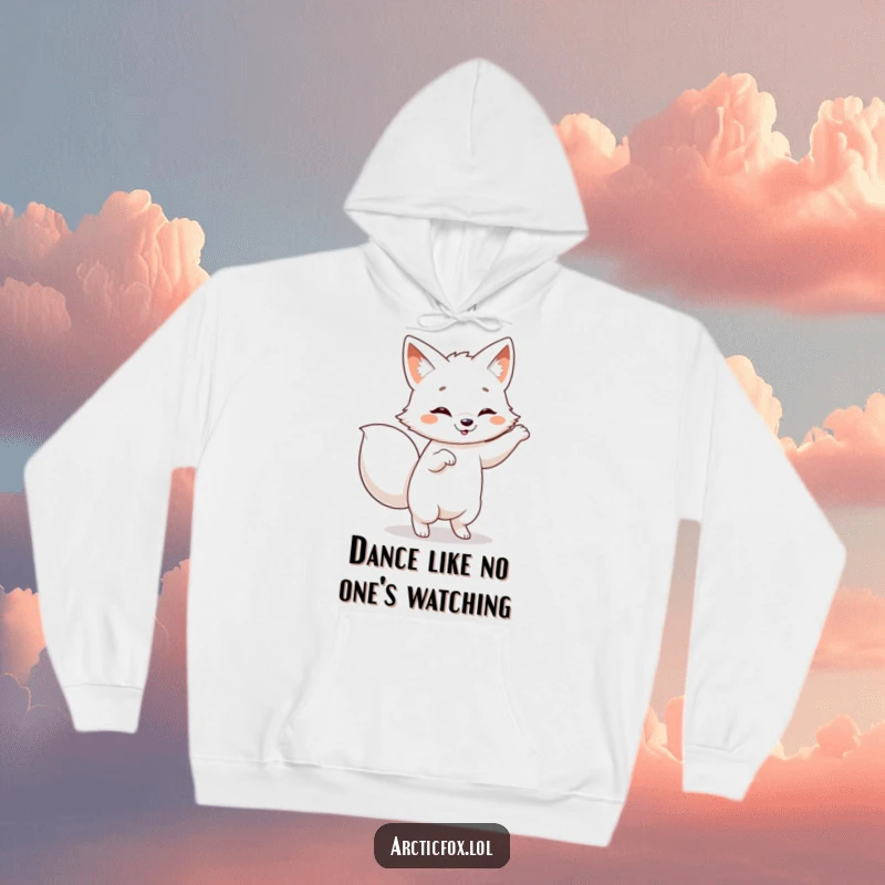 Funny Arctic fox hoodie, showing a creature dancing wildly with a vigorously wagging tail, full of playful energy.