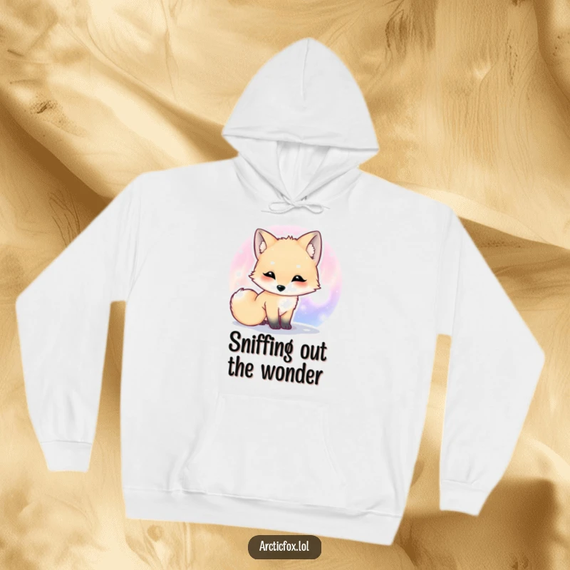 Funny Kawaii arctic fox hoodie showing a cute fox curiously sniffing a magical, colorful aurora.