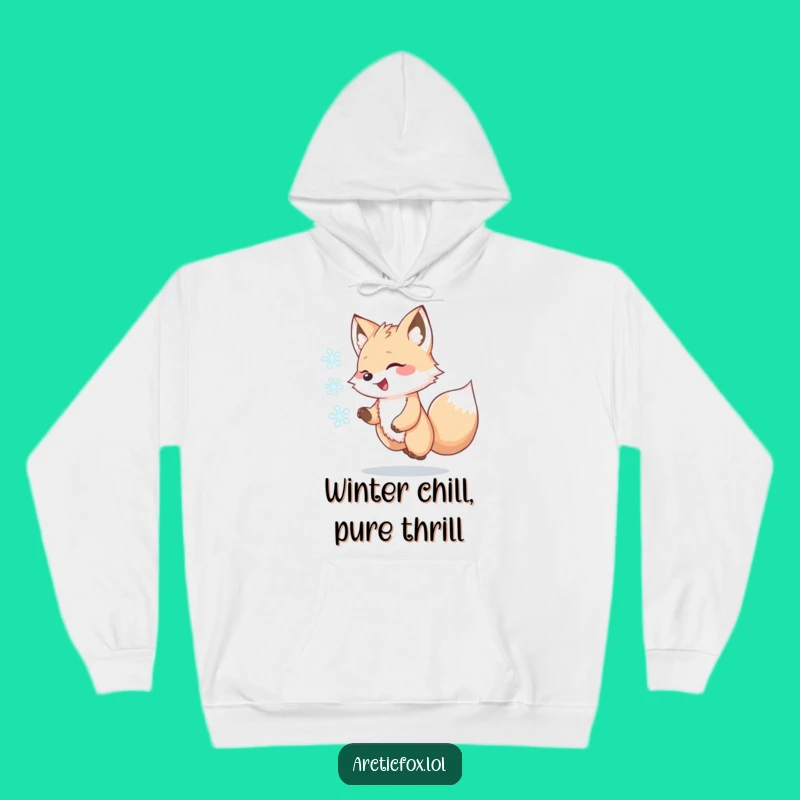 Funny Kawaii Arctic Fox Hoodie, Cozy Snowflake Chase, Warm Humorous Gift for Winter