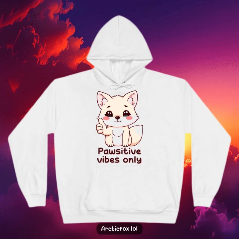 Funny kawaii arctic fox giving a cheerful thumbs up with its paw, illustrated on a warm and comfy hoodie.
