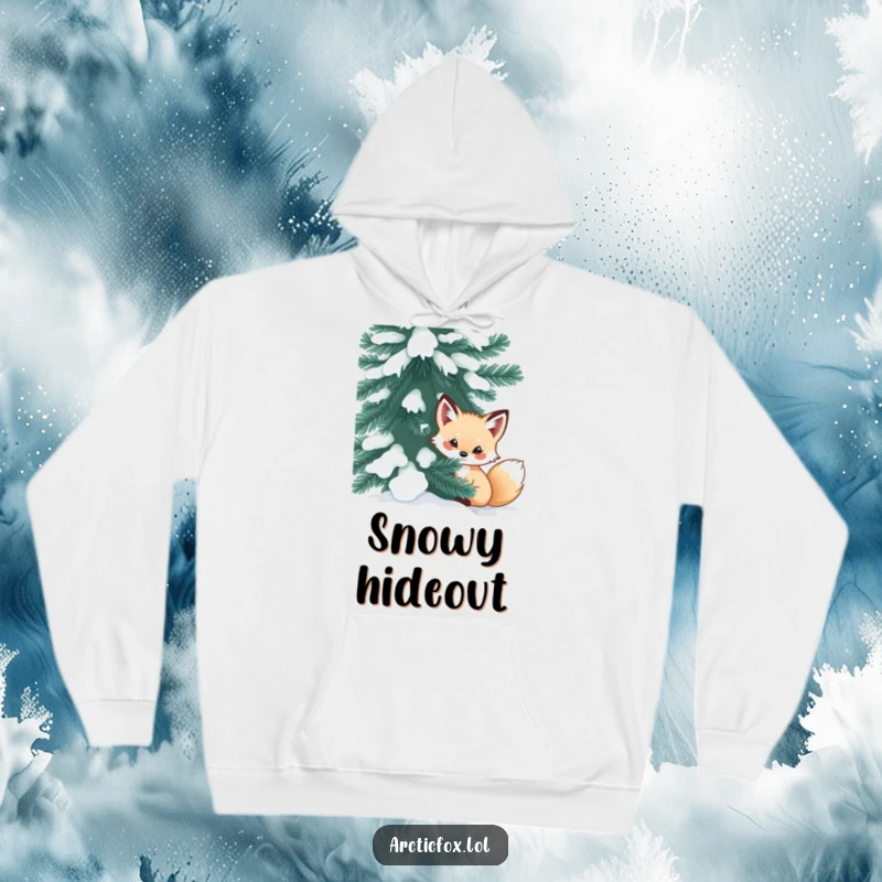Funny arctic fox hoodie showing a curious creature peeking from behind a snow-dusted evergreen, perfect for cozy, intriguing moments.