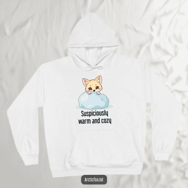 Funny Hoodie: A wide-eyed arctic fox curiously peeking from behind a massive icy boulder, capturing a moment of playful intrigue.