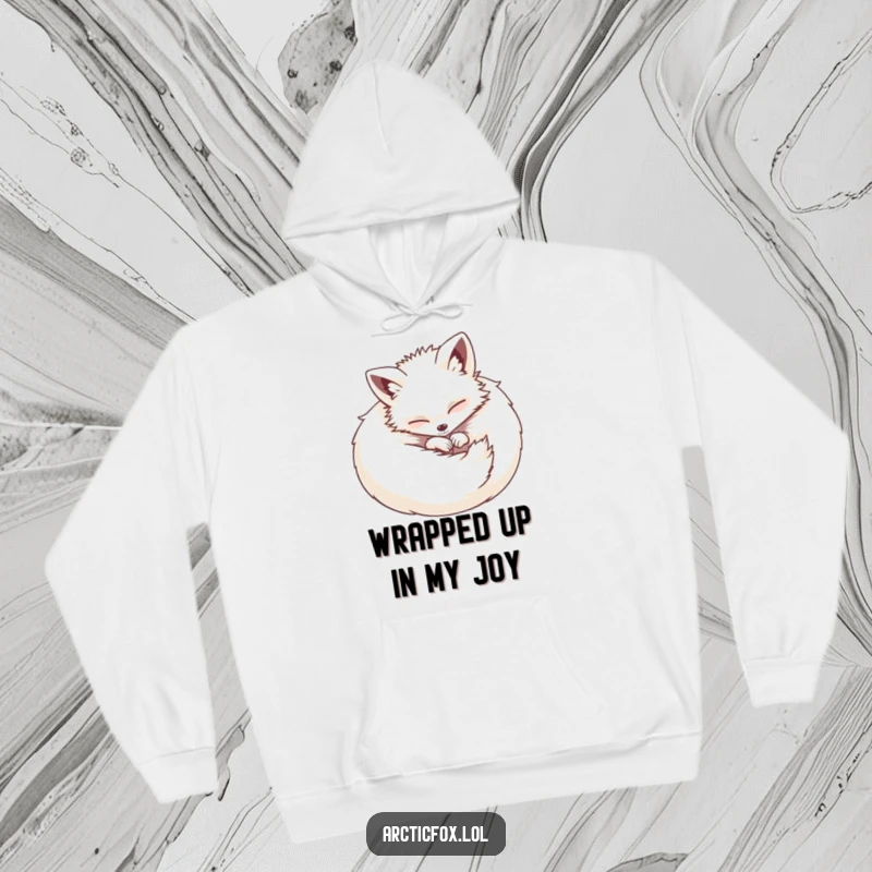 Funny hoodie design with a fluffy Arctic fox curled into a sweet, contented ball, exuding warmth and adorable cuteness.