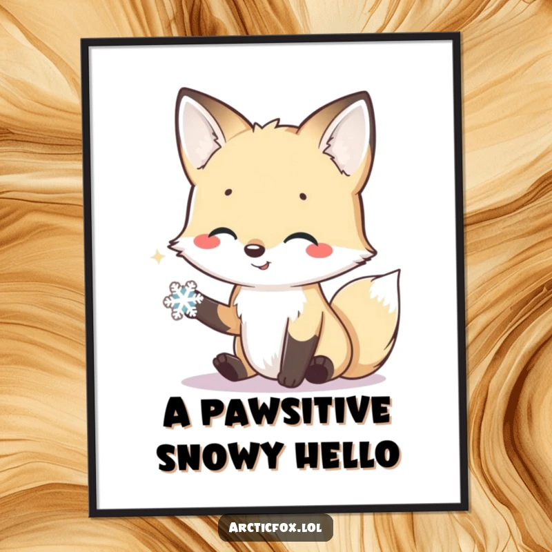 Funny Free Printable Wall Art: A smiling arctic fox extending a friendly paw to a tiny snowflake, whimsical decor.