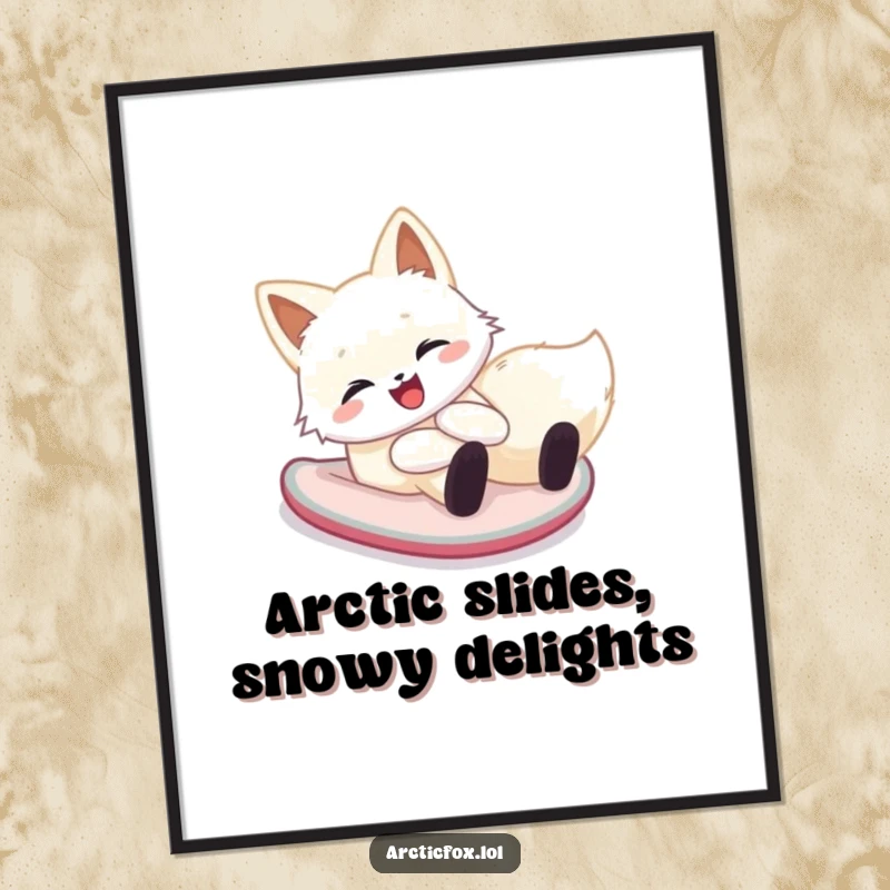 Funny Free Printable Wall Art: Happy arctic fox cheerfully sliding down a snowy hill on its belly.