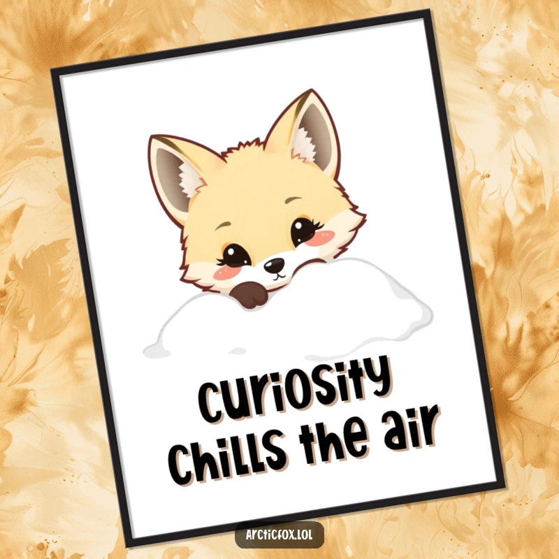 Cute Free Printable Wall Art: Kawaii Arctic fox curiously peeking from behind a snowdrift, whimsical downloadable decor.