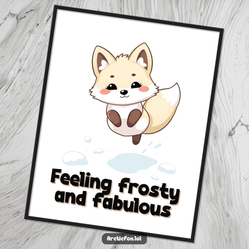 Adorable free printable kawaii arctic fox wall art showing a fox leaping playfully amidst soft, fresh snow.