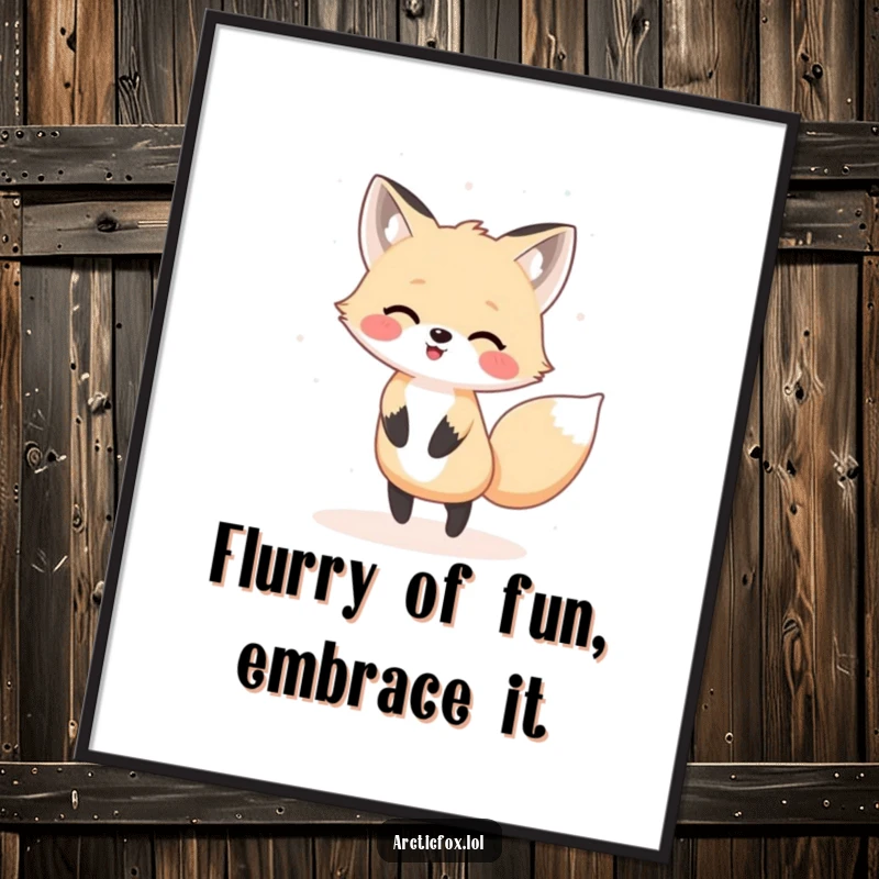 Joyful Free Printable Wall Art featuring a happy Kawaii arctic fox joyfully dancing in a gentle, peaceful snow flurry.