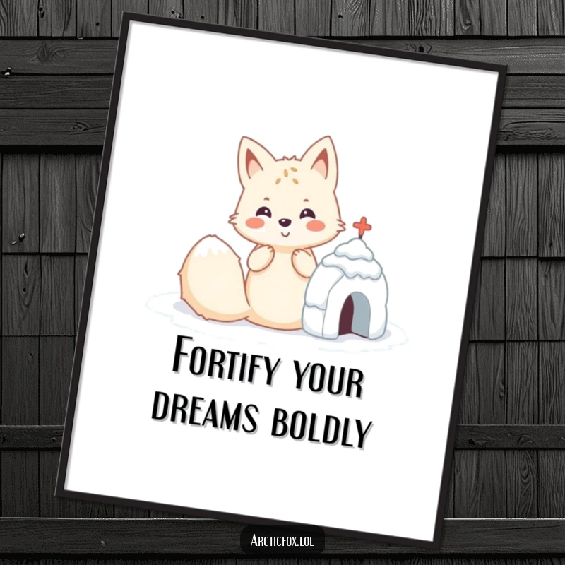 Cute Free Printable Wall Art featuring a cheerful Kawaii arctic fox diligently building a small, perfectly formed snow fort in the winter landscape.