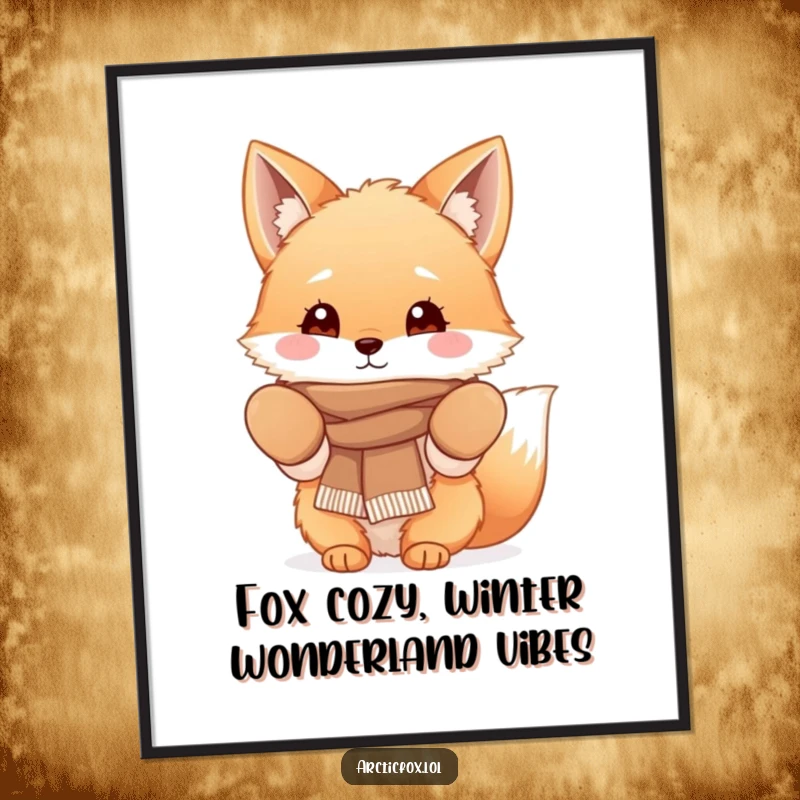 Funny Free Printable Wall Art: A fluffy fox character looking snug in cozy mittens and a scarf, radiating winter comfort.