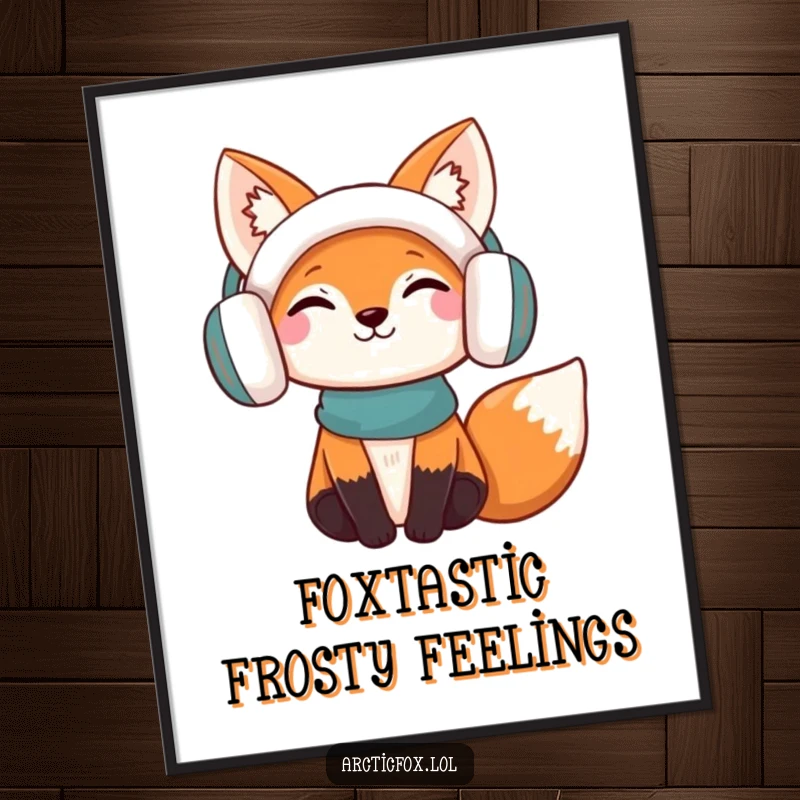 Funny Free Printable Wall Art of a content fox wearing earmuffs, radiating cozy happiness and winter charm.