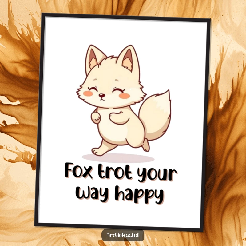 Funny Free Printable Wall Art: Kawaii arctic fox in a joyful, energetic happy little hop, adding cheer.