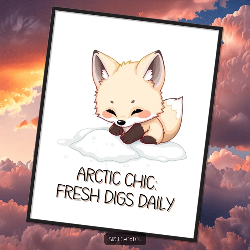 Funny Free Printable Wall Art: A charming arctic fox joyfully digging in soft white powder, creating a whimsical scene.