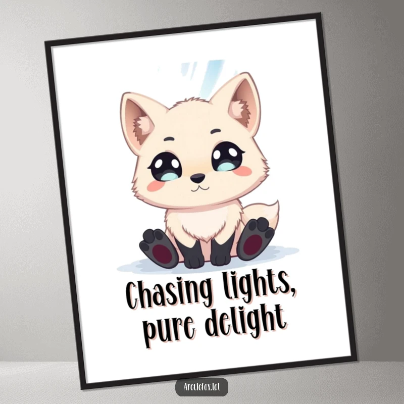 Funny Free Printable Wall Art of an arctic fox with wide eyes gazing up at the mesmerizing, shimmering aurora borealis.