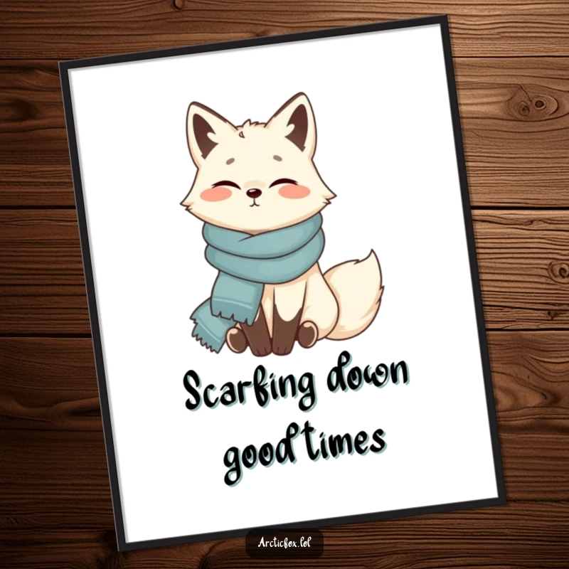 Funny Free Printable Wall Art: Content Arctic Fox sitting serenely, wrapped snugly in a fluffy scarf, radiating warmth.