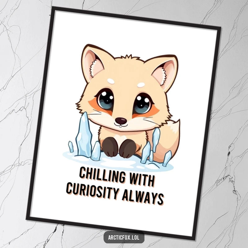 Funny Free Printable Wall Art: Arctic Fox with wide, curious eyes, gazing upwards at delicate falling icicles with fascination.