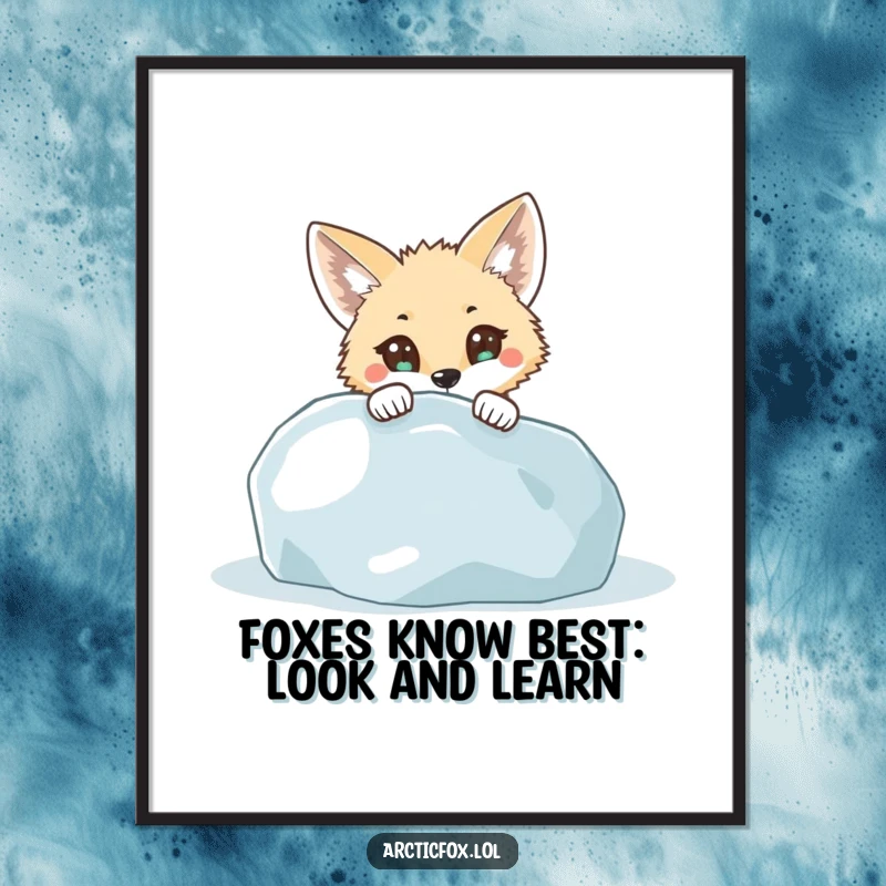 Funny Free Printable Wall Art: A curious arctic fox with huge eyes peeking from behind a massive icy boulder.