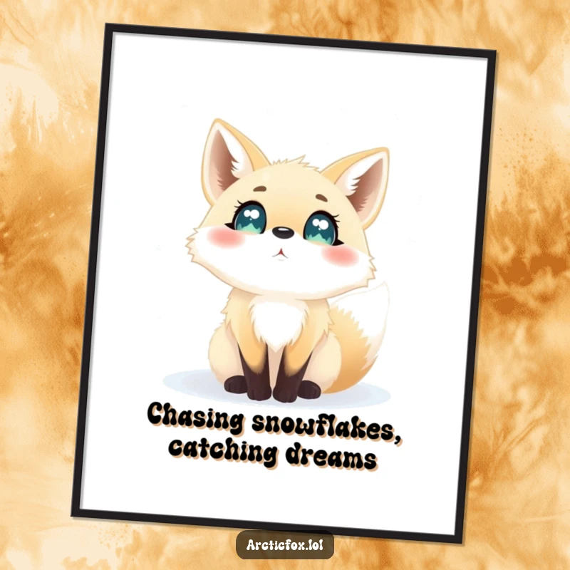 Funny Free Printable Wall Art: An arctic fox with wide, excited eyes gazing at falling snowflakes, perfect room decor.