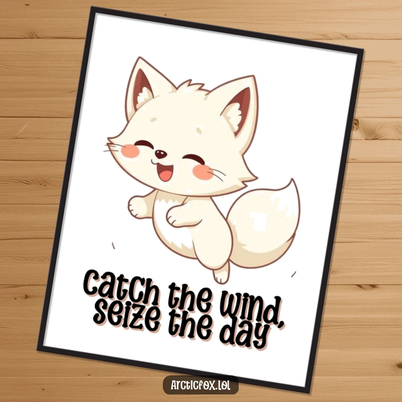 Funny Free Printable Wall Art featuring a jubilant Kawaii arctic fox gleefully pouncing on a mischievous gust of wind.