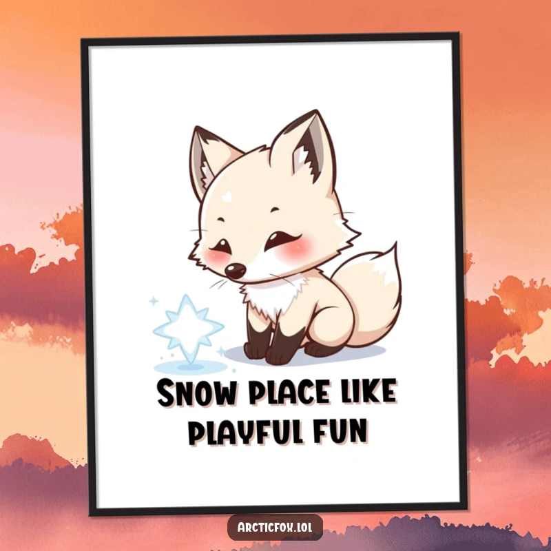 Funny Free Printable Wall Art: Playful Arctic Fox with its nose aimed at a shimmering snowflake, captured in a moment of joy.