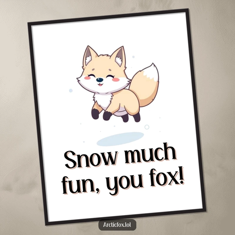 Funny Free Printable Wall Art capturing a happy arctic fox in an exuberant leap through a snowy landscape.