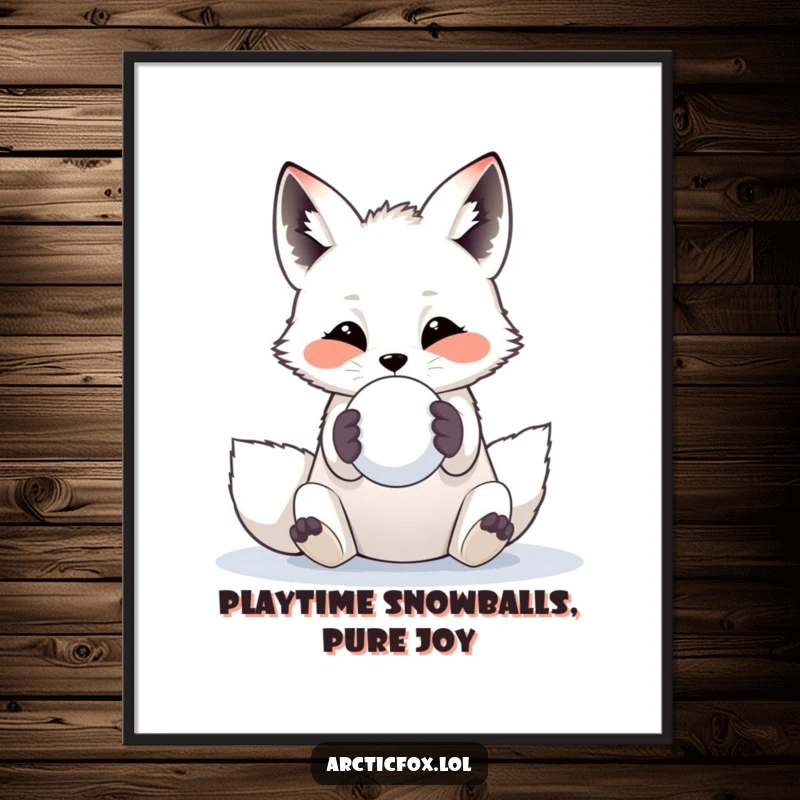 Funny Free Printable Wall Art: An arctic fox playfully tossing a snowball using its front paws, whimsical decor.