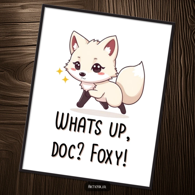 Funny Free Printable Wall Art: Arctic fox with a playful spark chasing its tail, embodying energetic joy.