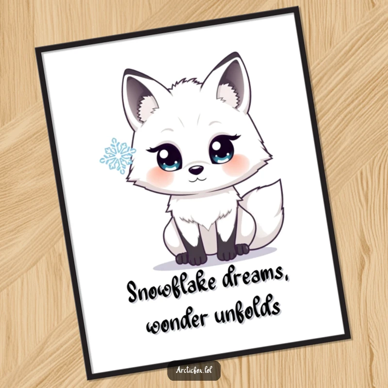 Free Printable Wall Art: An arctic fox with enormous, sparkling eyes staring in awe at a single, detailed snowflake.