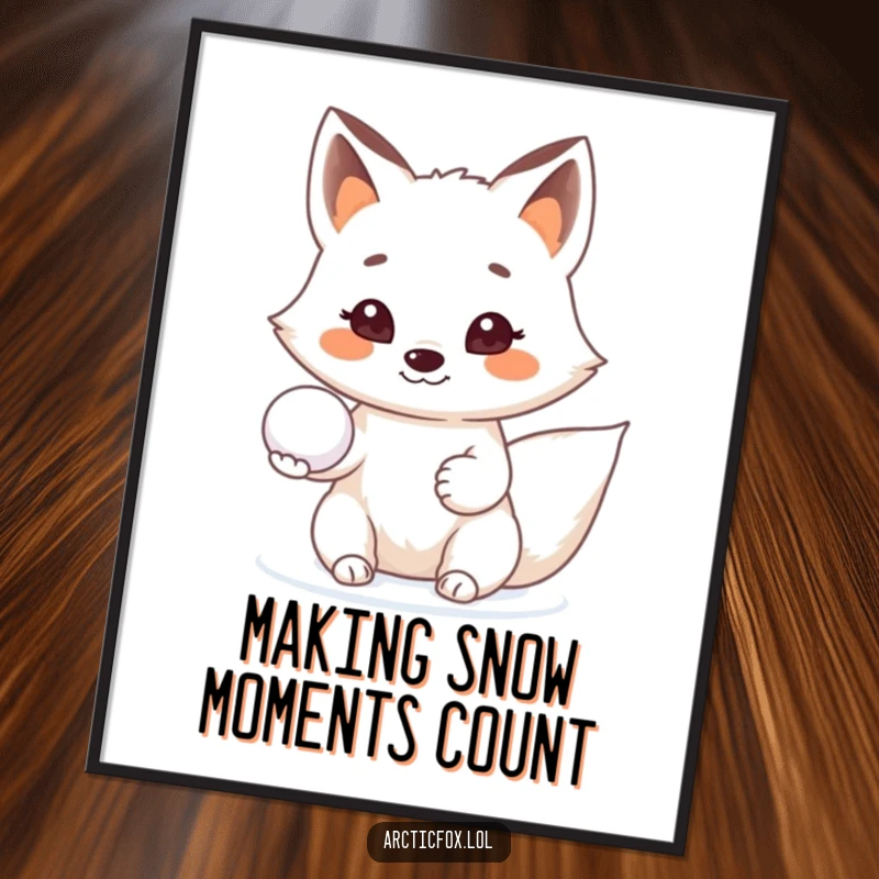 Funny Free Printable Wall Art: Arctic fox with a friendly, beaming smile offering a snowball, spreading cheer.