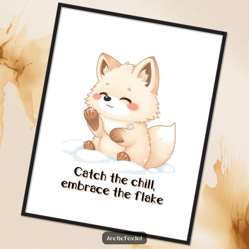Funny free printable arctic fox wall art, a fluffy fox with paws deep in snow, happily catching a snowflake.
