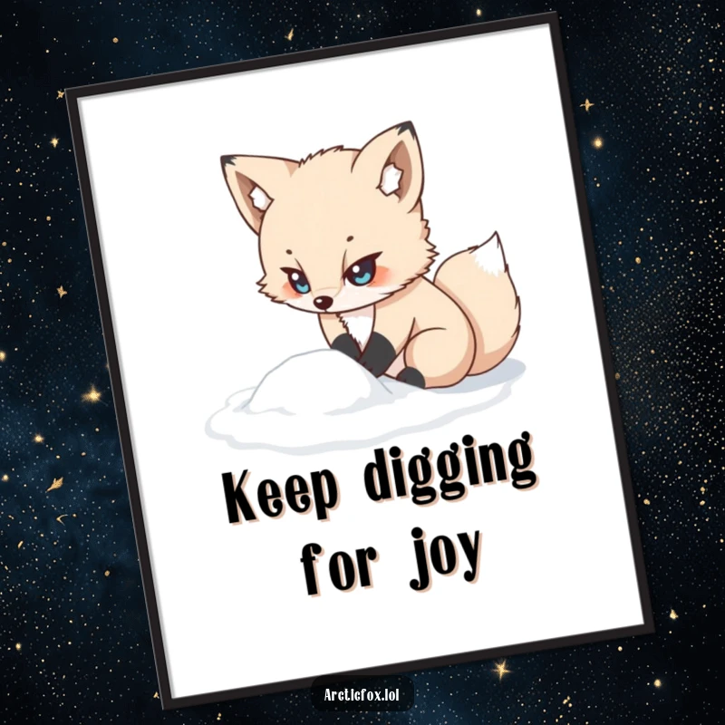 Funny Free Printable Wall Art: Kawaii arctic fox determinedly digging in snow, motivating downloadable decor.