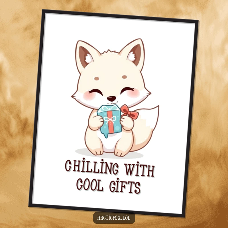 Quirky free printable wall art of a kawaii arctic fox presenting a shiny icicle as a thoughtful and humorous gift.