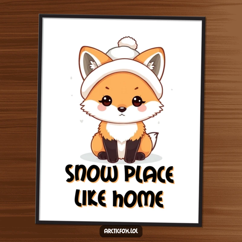 Funny Free Printable Wall Art: Kawaii arctic fox charismatically wearing a tiny, crooked snowball hat, adding winter charm.