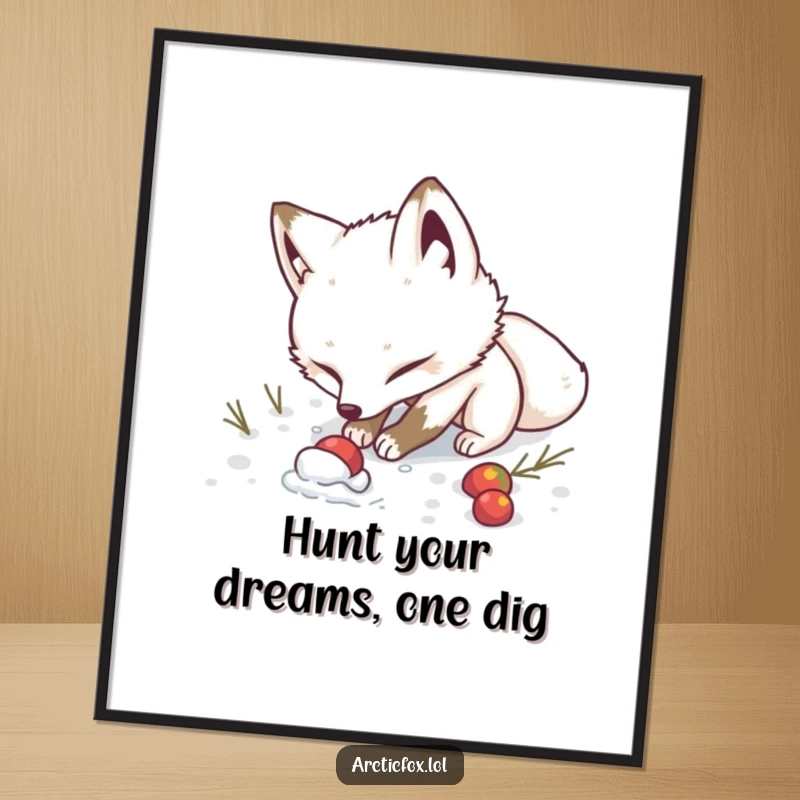 Funny Free Printable Wall Art: An arctic fox with immense determination digging with gusto in the snowy landscape.