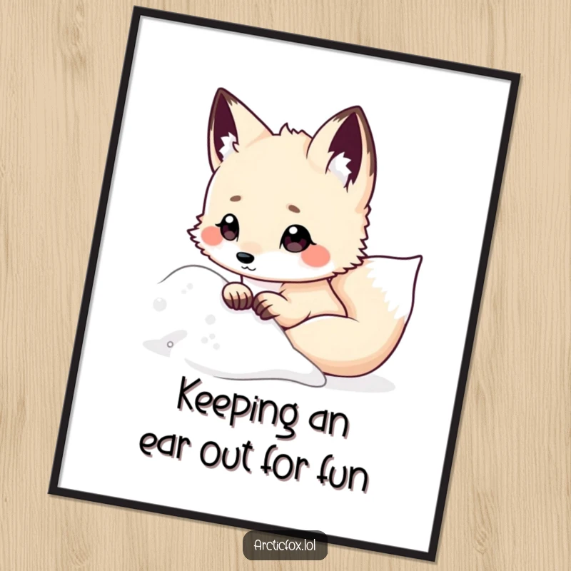 Funny Free Printable Wall Art: A cute kawaii arctic fox peeks from behind a snowy drift, ears perked, with a curious expression.
