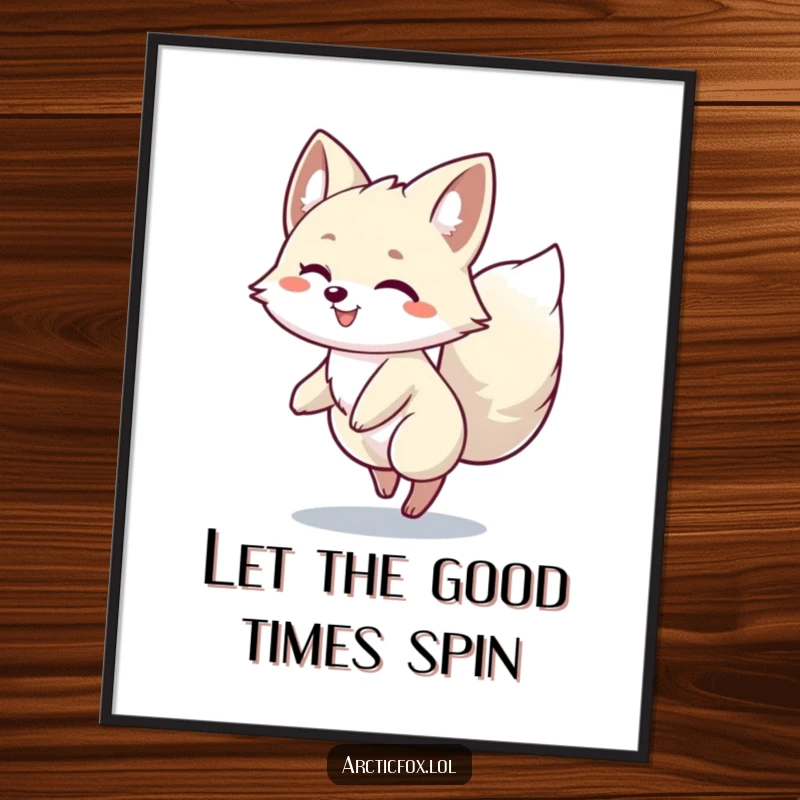 Funny Free Printable Wall Art: An Arctic fox character in a happy spin, its bushy tail creating a dynamic blur.