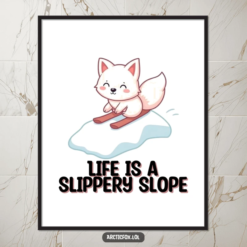 Funny Free Printable Wall Art showing a kawaii arctic fox gleefully sliding down a small icy slope with a look of pure exhilaration.