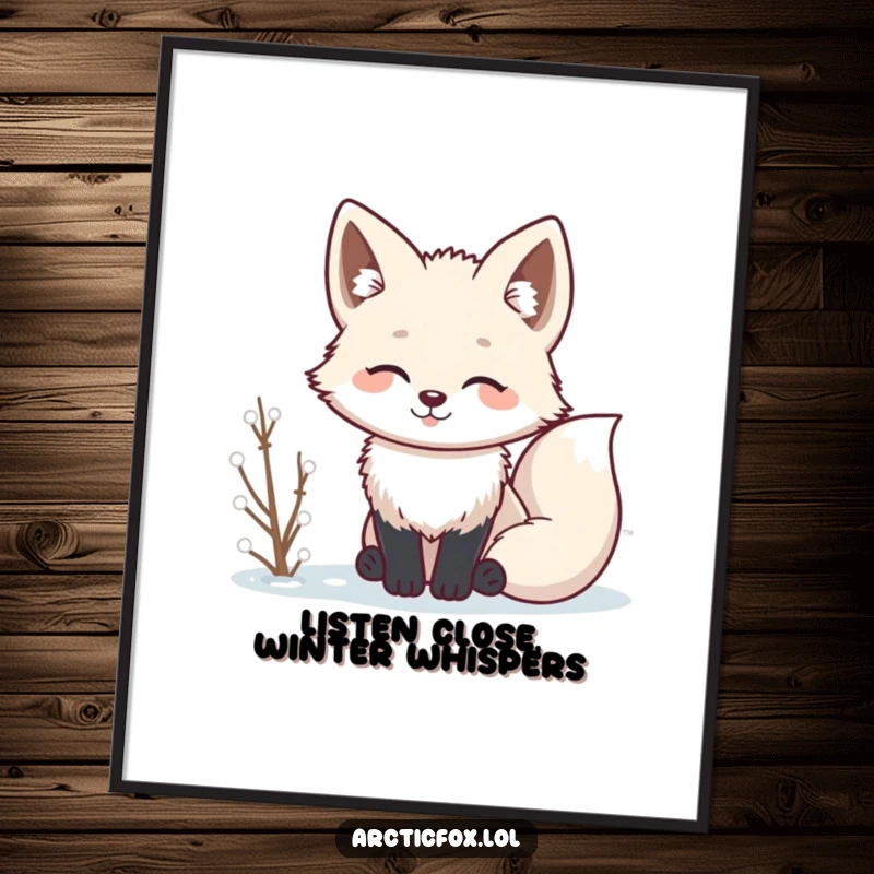 Cute Free Printable Wall Art showing a Kawaii arctic fox with its ears tilted, attentively listening to the subtle sounds of a winter landscape.