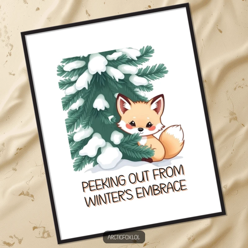 Funny Free Printable Wall Art: Curious arctic fox peeking out from behind a large, snow-dusted evergreen.