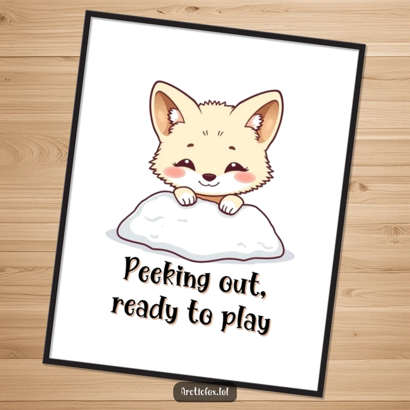 Funny Free Printable Wall Art: Smiling arctic fox peeking out playfully from behind a soft snowy mound.