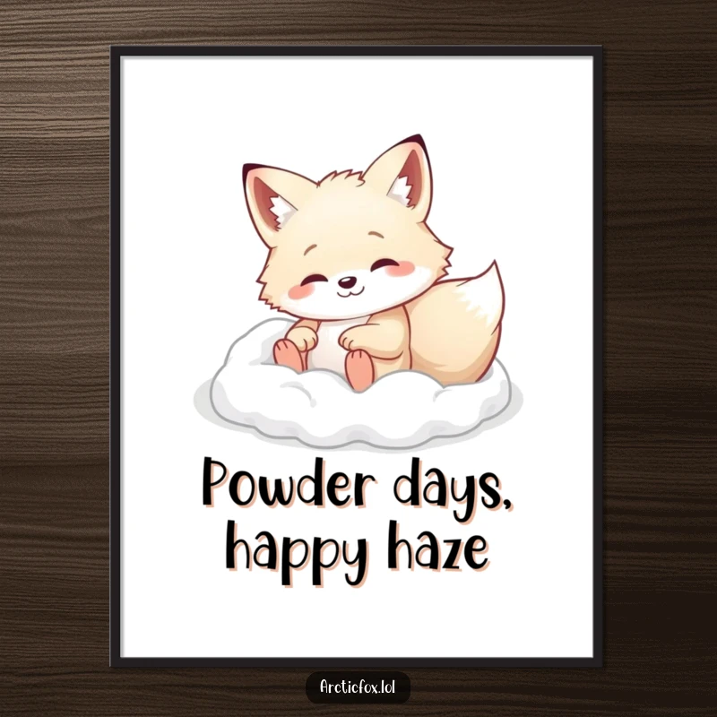 Sweet Free Printable Wall Art: Arctic fox character happily rolling in soft white powder, playful downloadable decor.
