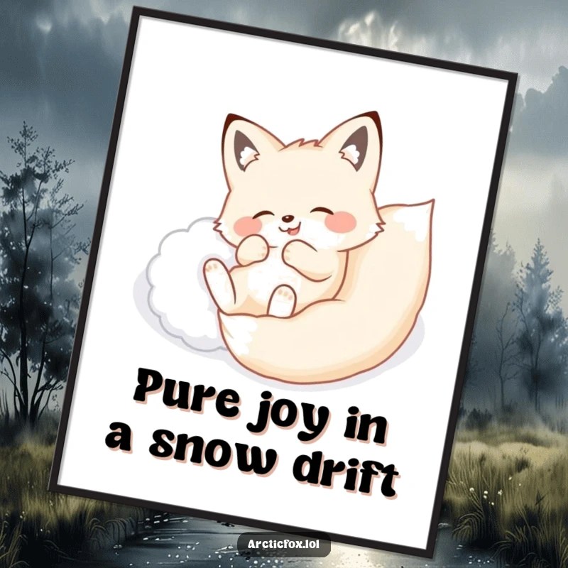 Free Printable Wall Art: A happy arctic fox in mid-roll, enjoying the fluffy snow with pure abandon.