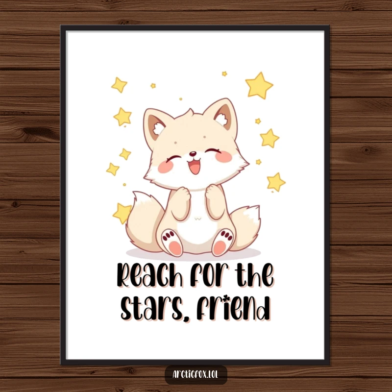 Magical Free Printable Wall Art featuring a delighted Kawaii arctic fox gleefully catching shimmering falling stars in its outstretched paws.