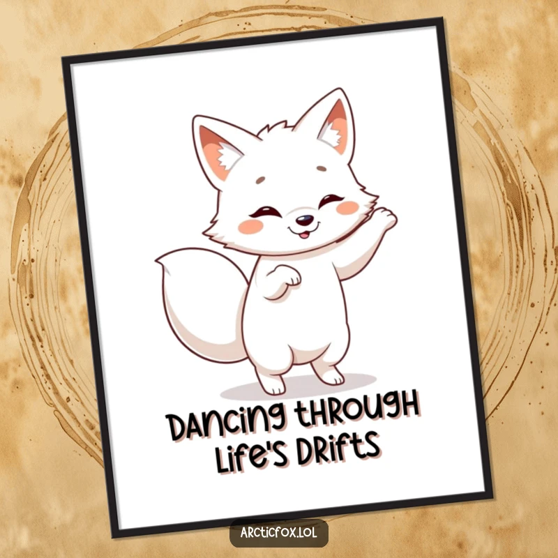 Funny Free Printable Wall Art: Arctic fox busting a silly dance move with its fluffy tail wagging energetically.