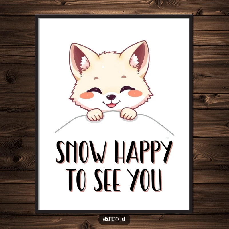 Funny Free Printable Wall Art: Arctic fox peeking over a snow drift with a bright smile, adding cheerful charm.
