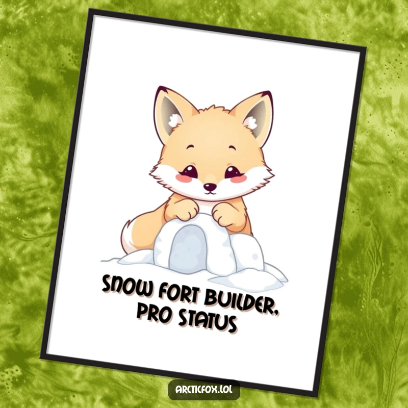 Funny Free Printable Wall Art of a kawaii arctic fox concentrating on building a tiny snow fort with its paws.