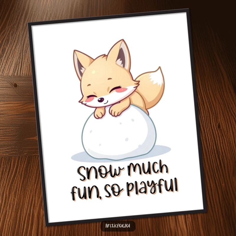 Funny Free Printable Wall Art: Playful arctic fox pouncing with delight on a ball of soft snow.