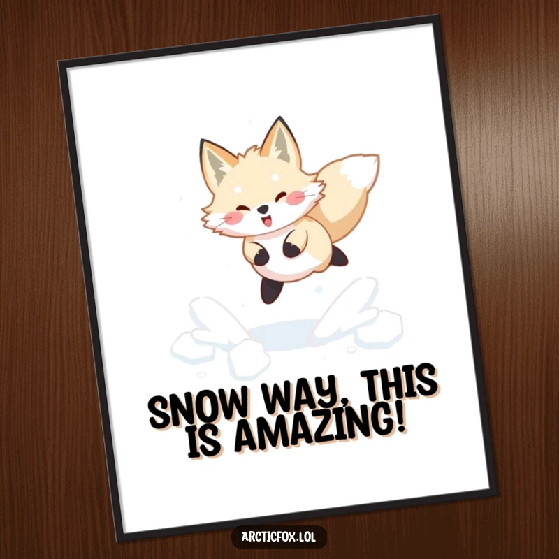 Funny Free Printable Wall Art: An arctic fox captured mid-leap, joyfully bounding through fresh, powdery snow.