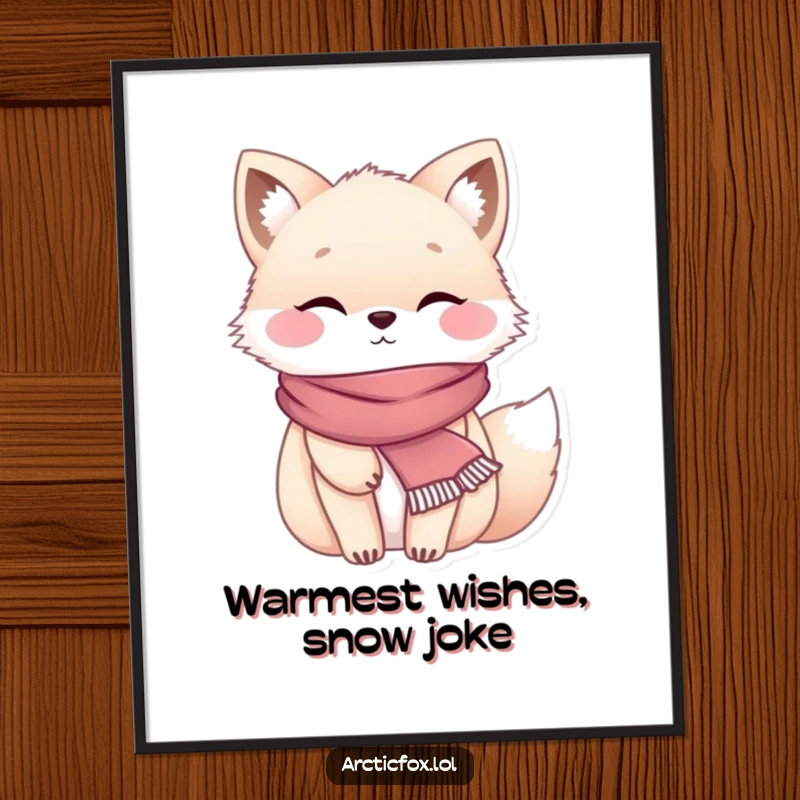 Funny Free Printable Wall Art of a chubby arctic fox wearing a tiny scarf, looking incredibly cozy and content.