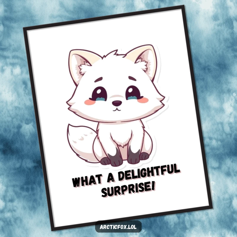 Hilarious free printable wall art of a kawaii arctic fox looking wide-eyed and surprised with its fluffy ears perked up.